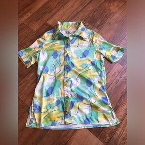 VTG Center Stage Sue Ann Womens Shirt Large Blue Yellow Leaf Pattern Grannycore